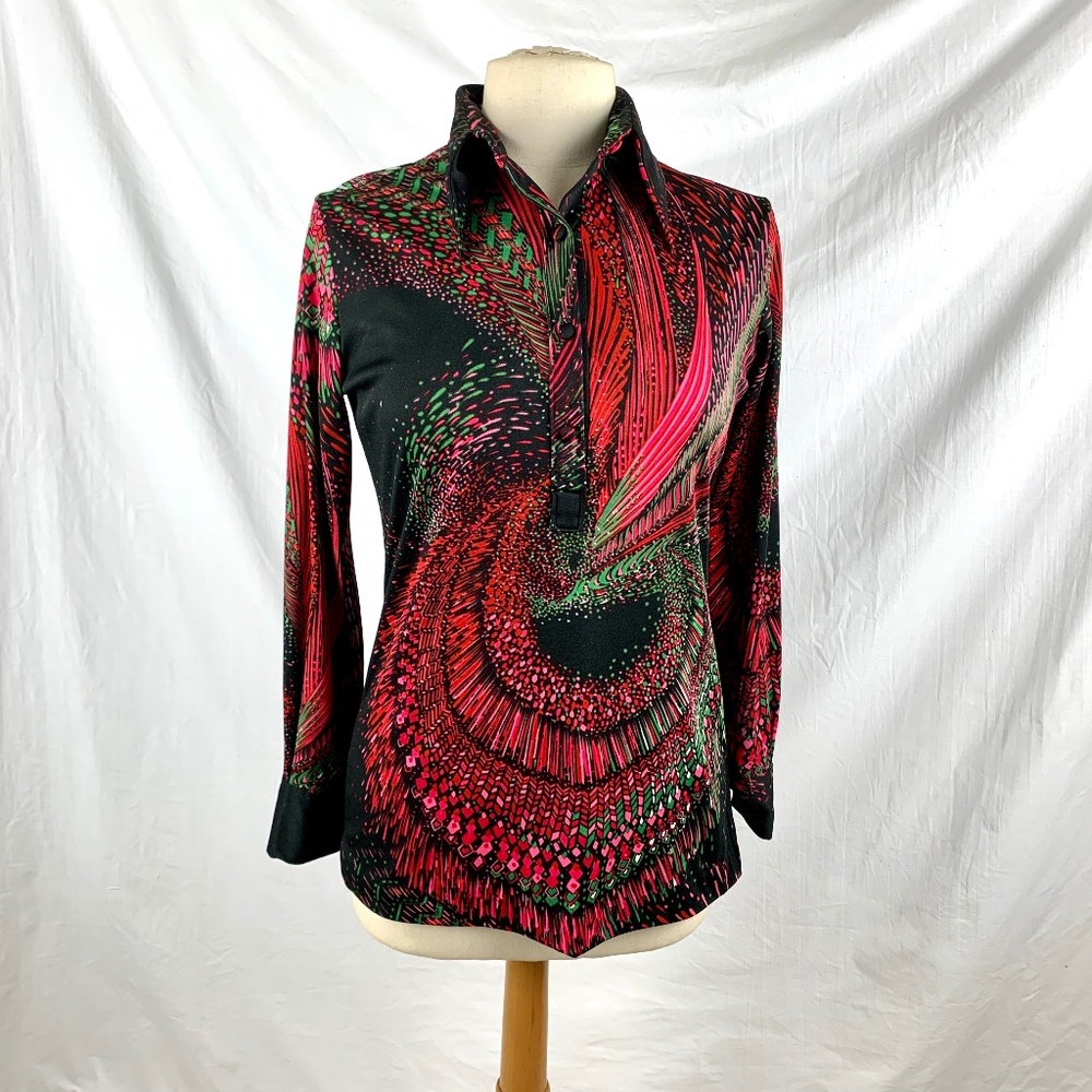 1970s Lanvin Psychedelics Top sz 10 Polyester Long Sleeve Point Collar Excellent